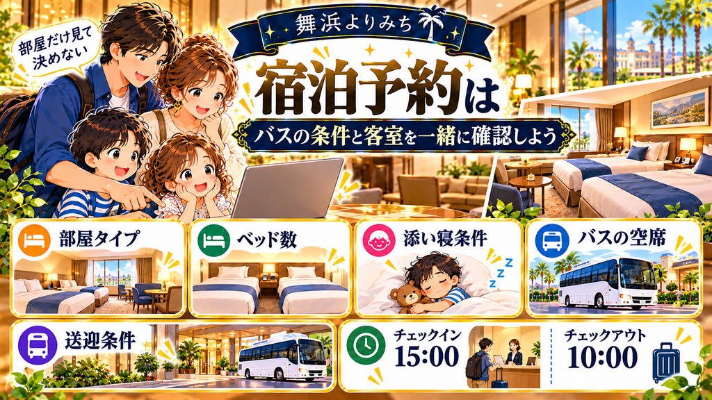 東横INN東西線西葛西:「宿泊予約はバスの条件と客室を一緒に確認しよう」の案内イラスト