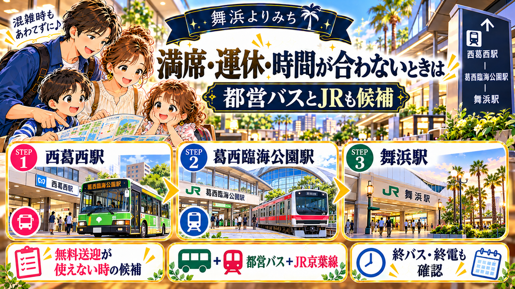 東横INN東西線西葛西:「満席・運休・時間が合わないときは都営バスとJRも候補」の案内イラスト