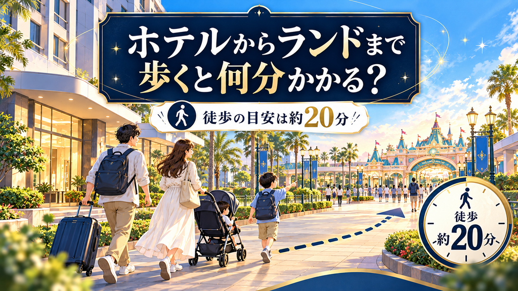 変なホテル舞浜 東京ベイ：「ホテルからランドまで歩くと何分かかる？」の案内イラスト
