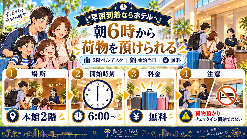 シェラトン・グランデ・トーキョーベイ・ホテル:「ホテルへ直接行く場合は「6時から荷物預かり」を活用」の案内イラスト