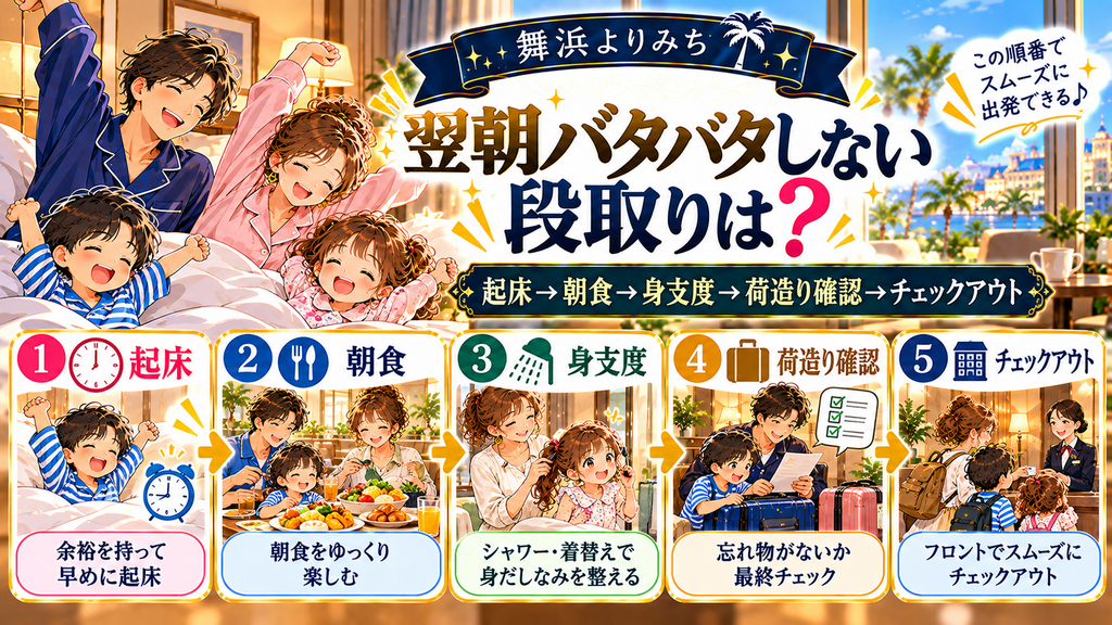 ディズニー後泊の過ごし方:「翌朝バタバタしないためにはどう段取ればいいのか?」の案内イラスト