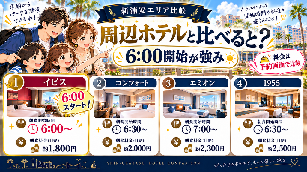 イビススタイルズ東京ベイ：「周辺ホテルと比べて朝食の内容や料金はどう違うのか？」の案内イラスト