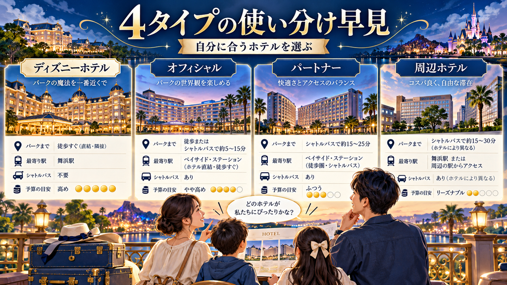 ディズニー周辺ホテルの選び方と利用時の確認点をまとめたイラスト