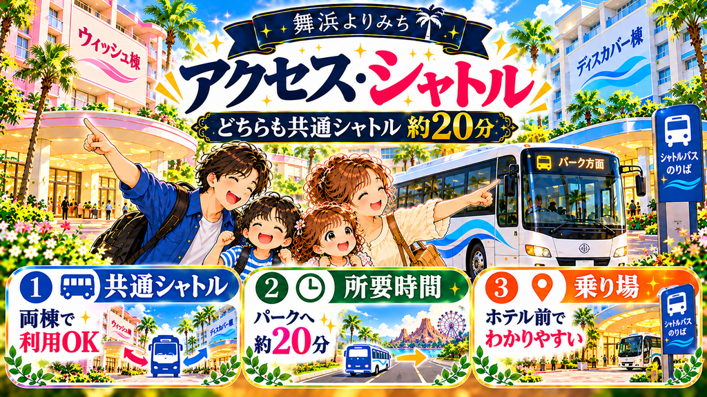 セレブレーションホテル：「パークへのアクセス・シャトルは棟で違うのか？」の案内イラスト