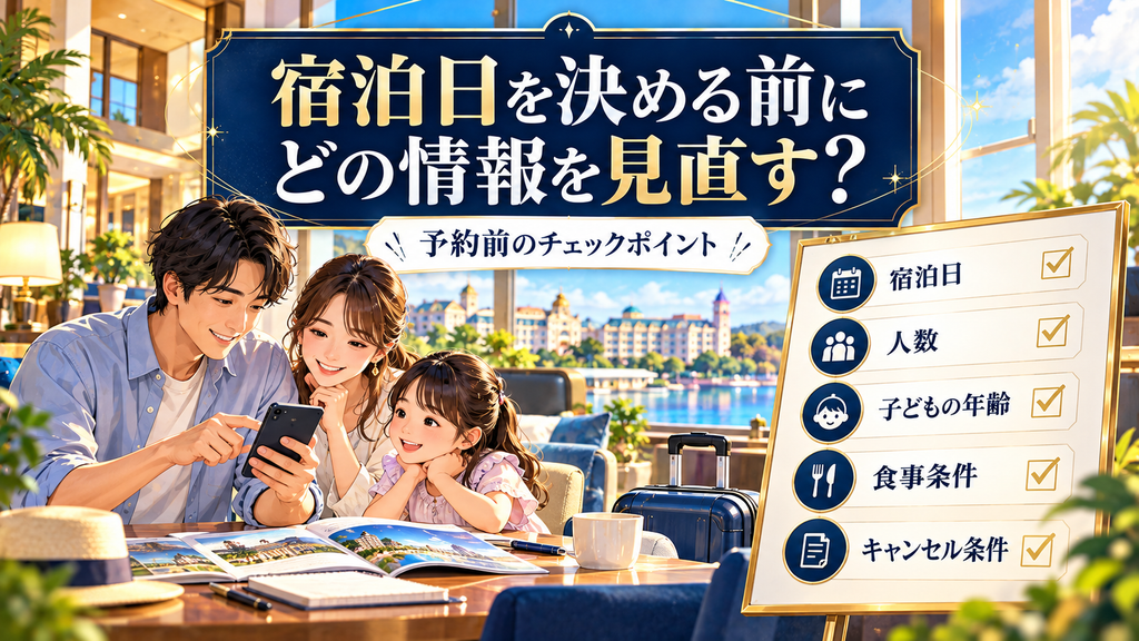 変なホテル舞浜 東京ベイ：「宿泊日を決める前にどの情報を見直す？」の案内イラスト