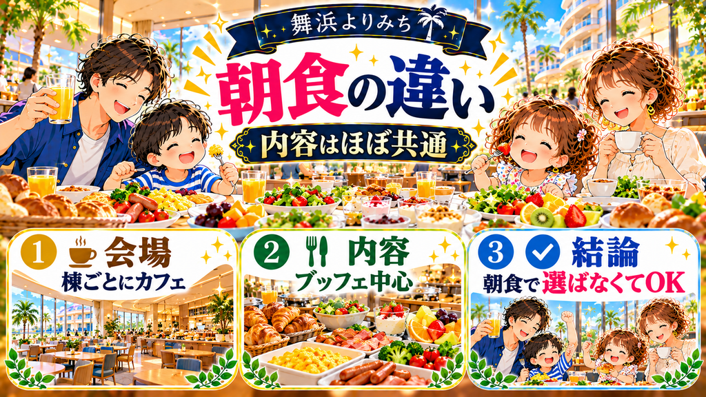 「セレブレーションホテルの朝食は棟でどう違うのか？」の案内イラスト
