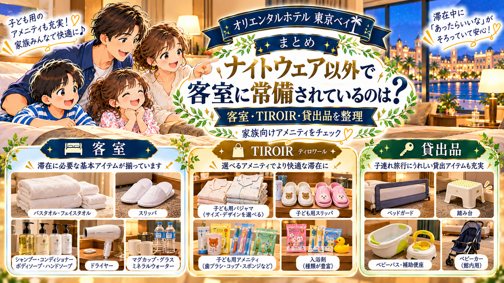オリエンタルホテル東京ベイ:「ナイトウェア以外で客室に常備されているのは?」の案内イラスト