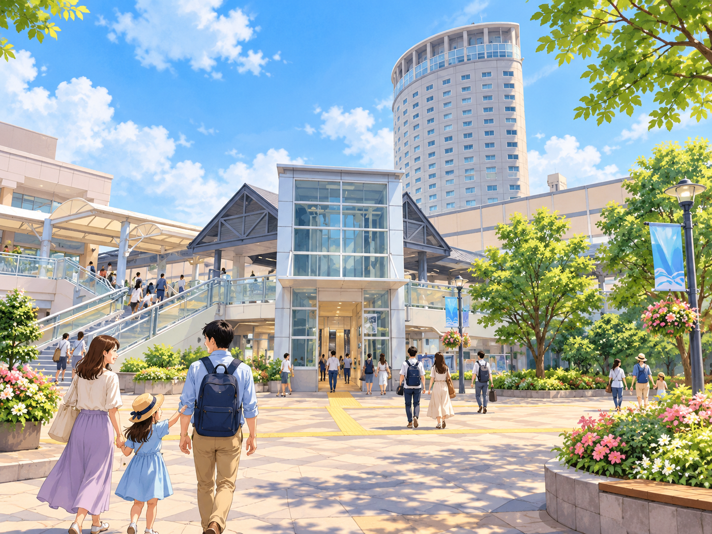 駅前広場と高層建物をイメージした新浦安のイラスト