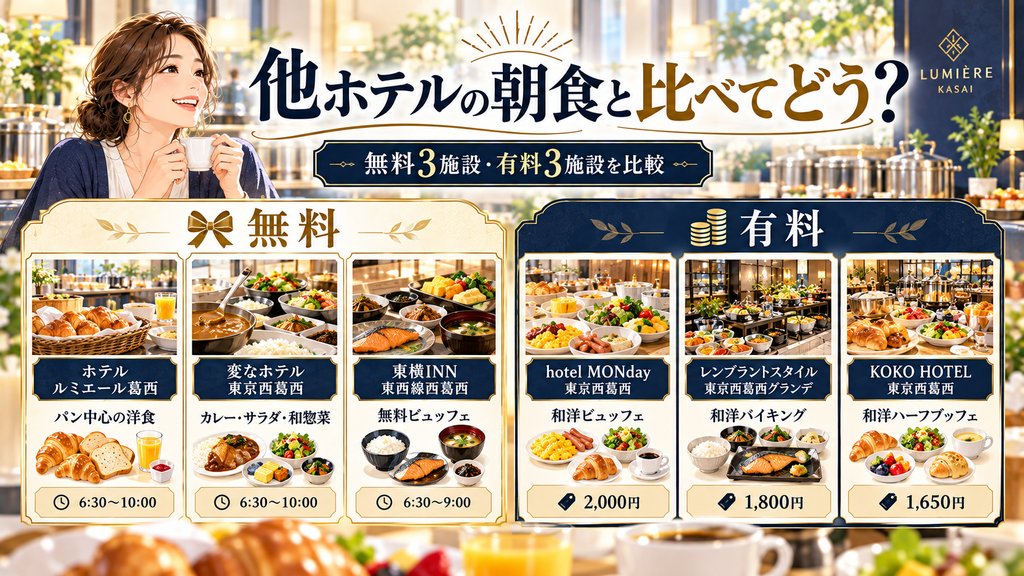 ホテルルミエール葛西:「葛西エリアの他ホテルの朝食と比べてどうなのか?」の案内イラスト