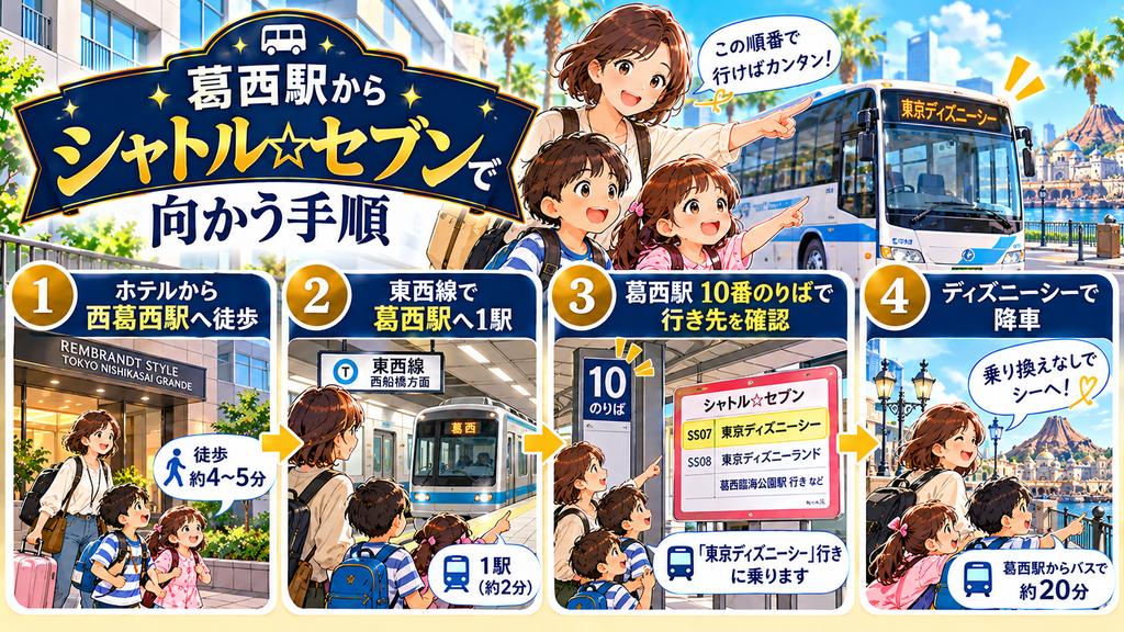 レンブラントスタイル東京西葛西グランデ：「葛西駅からシャトル☆セブンで向かう手順」の案内イラスト