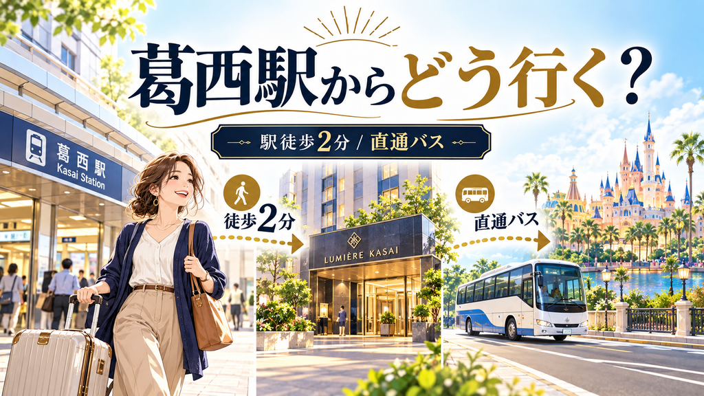 ホテルルミエール葛西:「葛西駅からホテル、ディズニーへはどう行くのか?」の案内イラスト