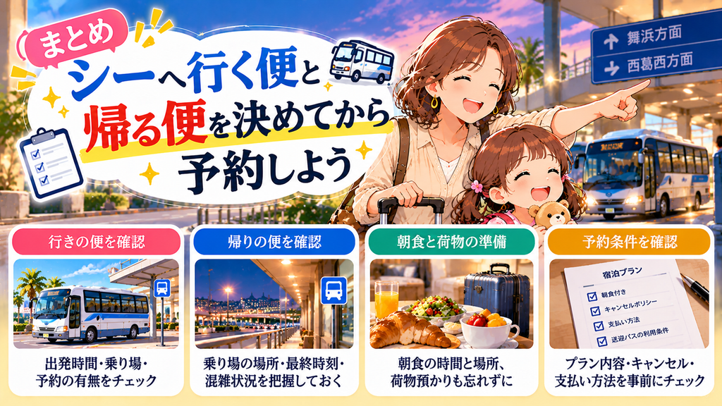 レンブラントスタイル東京西葛西グランデ：「まとめ：シーへ行く便と帰る便を決めてから予約しよう」の案内イラスト