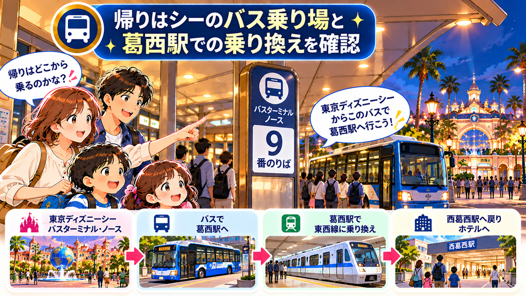 レンブラントスタイル東京西葛西グランデ：「帰りはシーのバス乗り場と葛西駅での乗り換えを確認」の案内イラスト