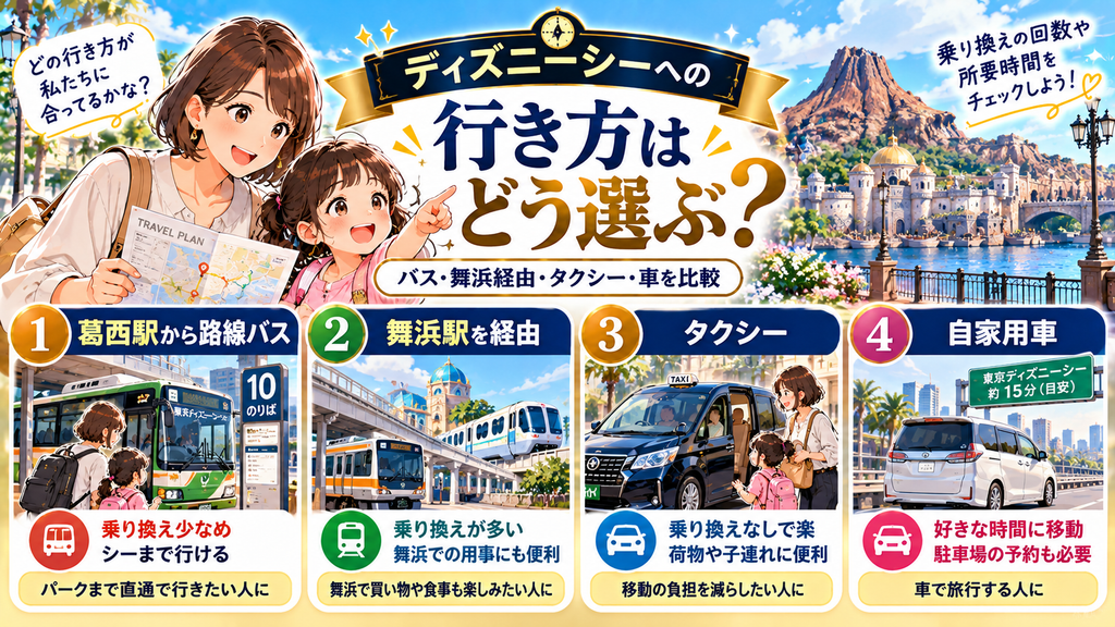 レンブラントスタイル東京西葛西グランデ：「ディズニーシーへの行き方はどう選ぶ？」の案内イラスト