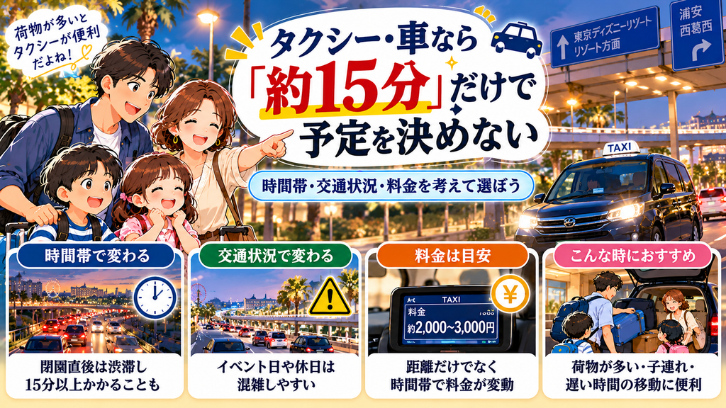 レンブラントスタイル東京西葛西グランデ：「タクシー・車なら「約15分」だけで予定を決めない」の案内イラスト