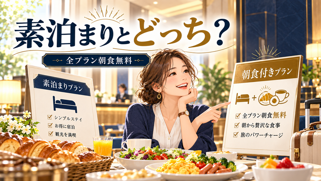 ホテルルミエール葛西:「朝食付きプランと素泊まりはどちらを選ぶべきか?」の案内イラスト