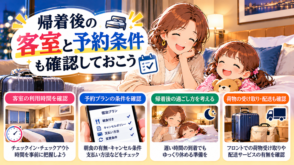 レンブラントスタイル東京西葛西グランデ：「帰着後の客室と予約条件も確認しておこう」の案内イラスト