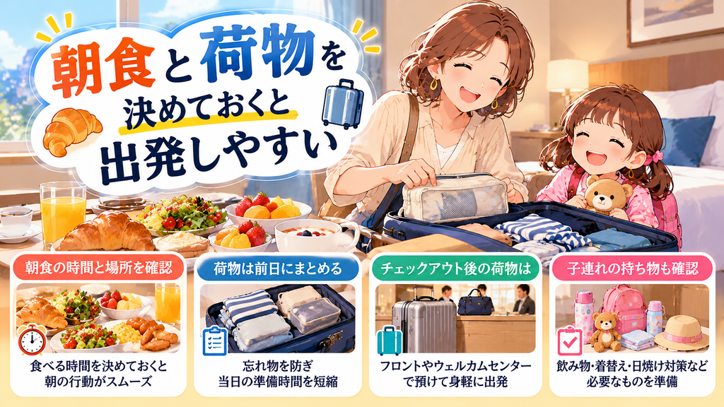 レンブラントスタイル東京西葛西グランデ：「朝食と荷物を決めておくと出発しやすい」の案内イラスト