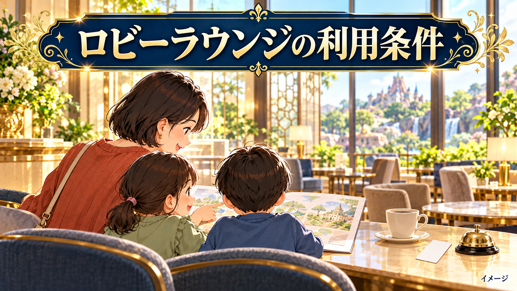 母親と子どもたちがカップと手続きを表すカードをそばに置いて旅行の準備をするイメージ