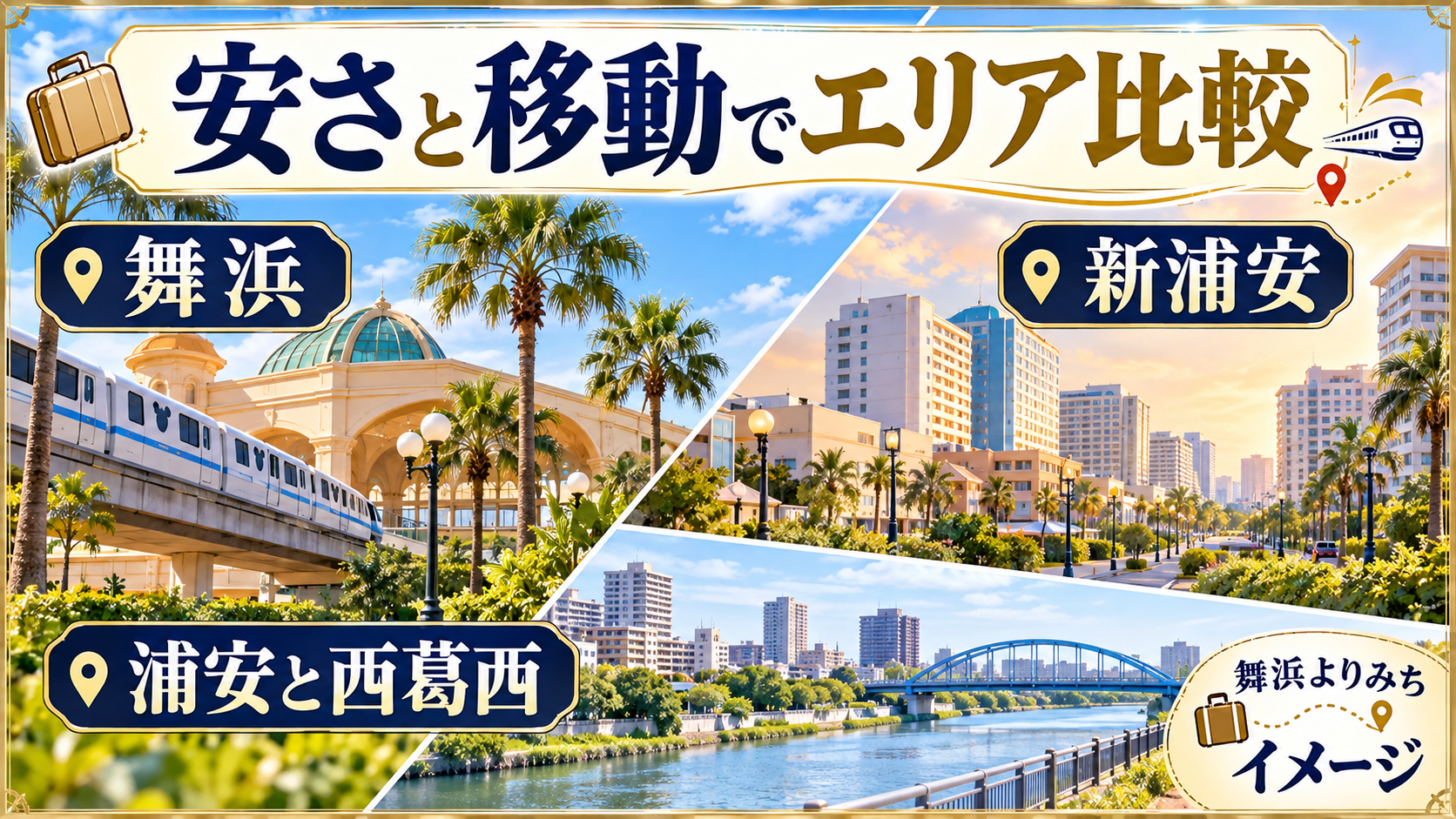 安さと移動でエリア比較について、舞浜・新浦安・浦安と西葛西を整理した図解