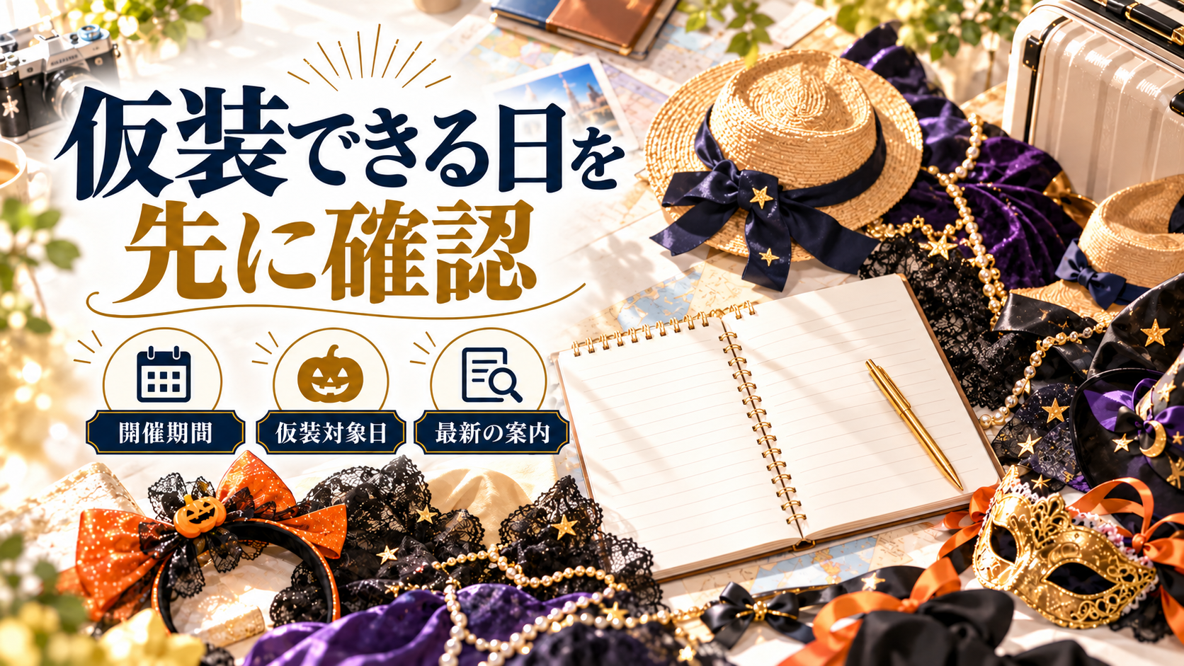 仮装できる日を先に確認について、開催期間・仮装対象日・最新の案内を旅行用品やイラストで整理した図