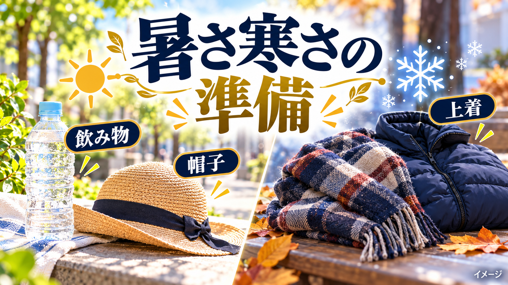 暑さ寒さに備える飲み物、帽子、上着のイメージ