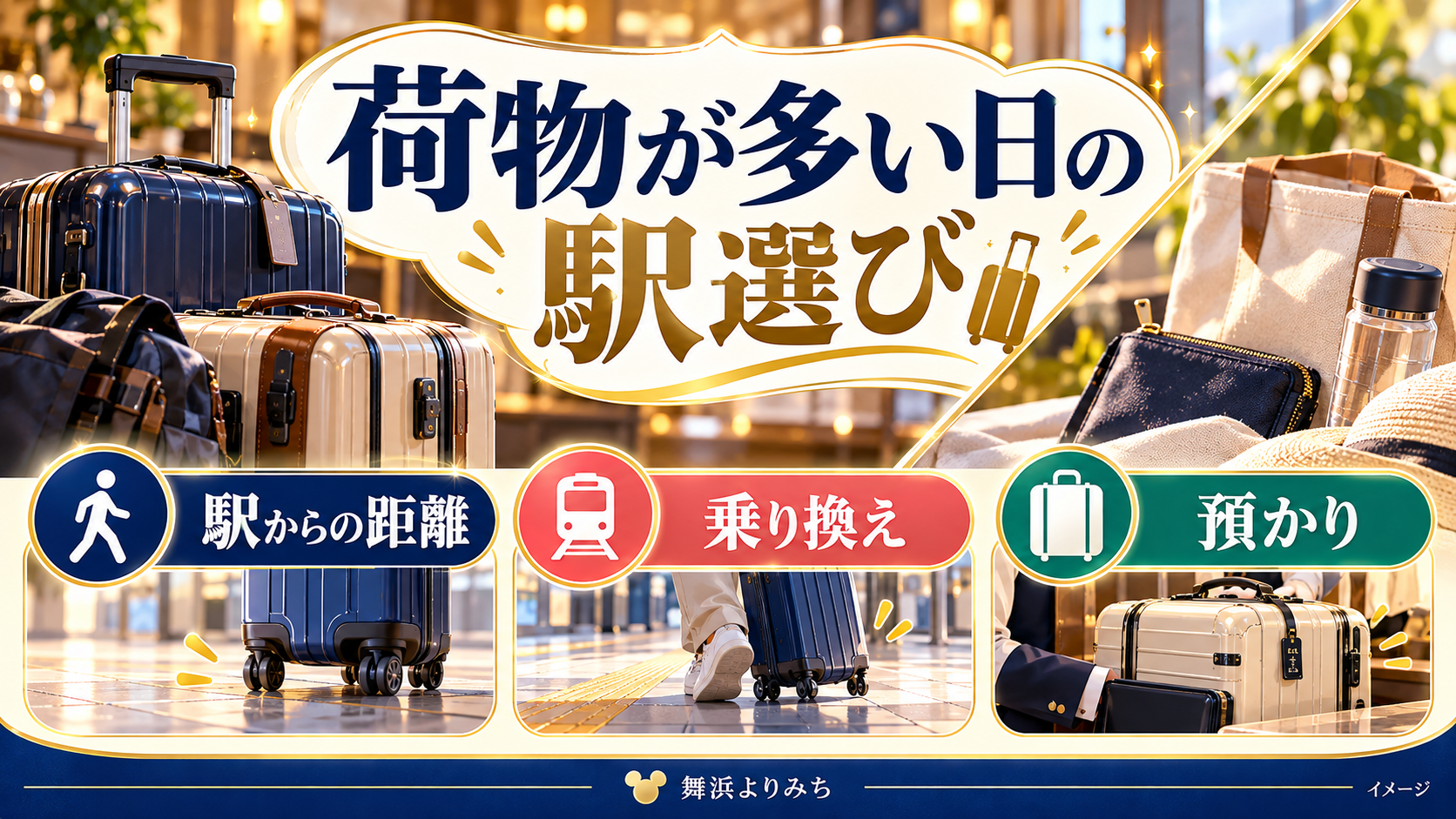 荷物が多い日の駅選びについて、駅からの距離・乗り換え・預かりを示す図解