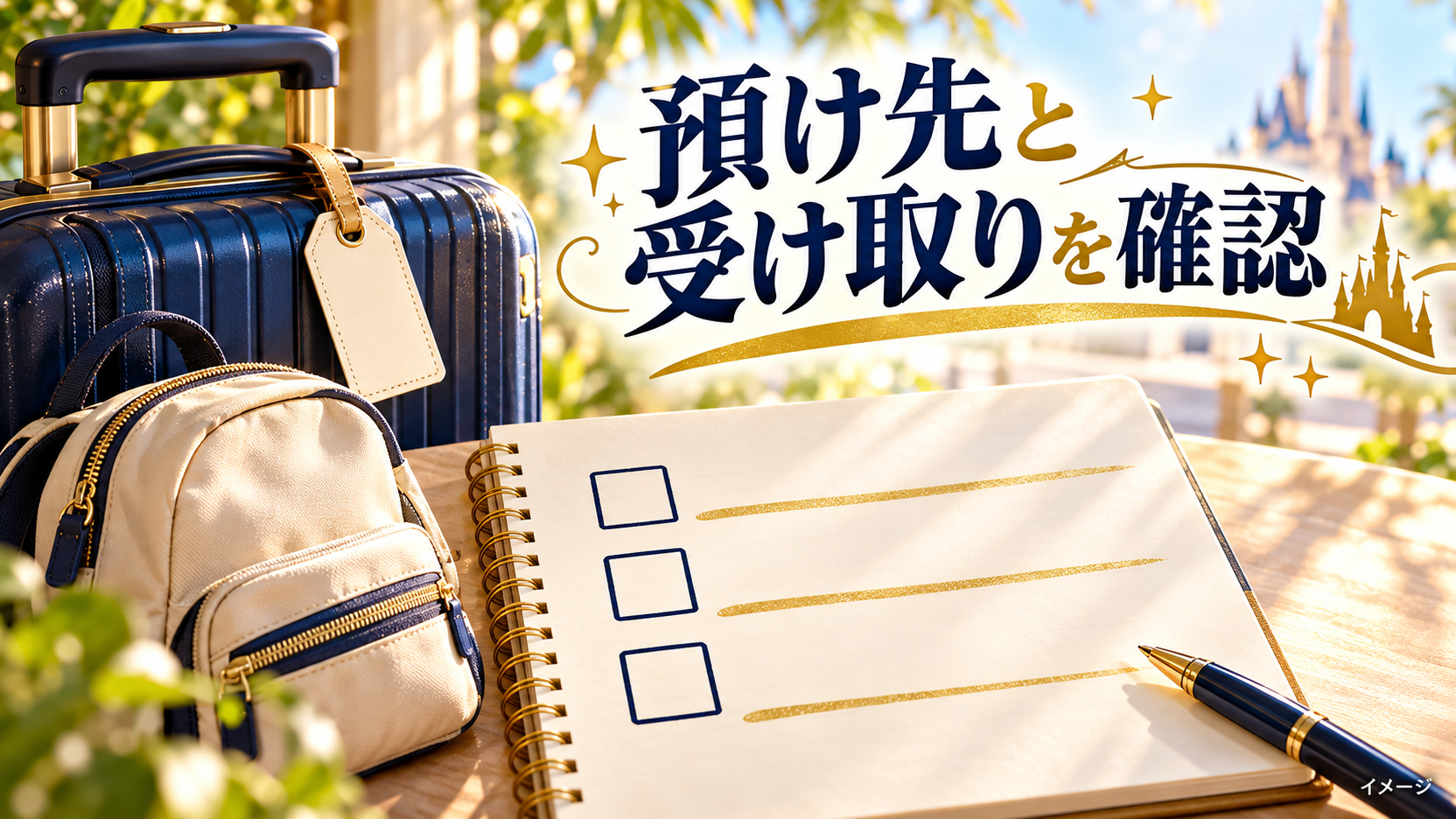 チェック欄のあるノートとスーツケースと荷物タグで事前の確認項目を整理するイメージ