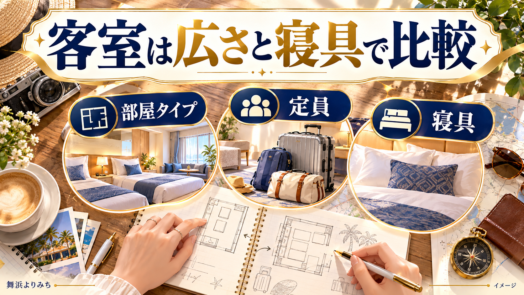 客室は広さと寝具で比較について、部屋タイプ・定員・寝具を示す図解