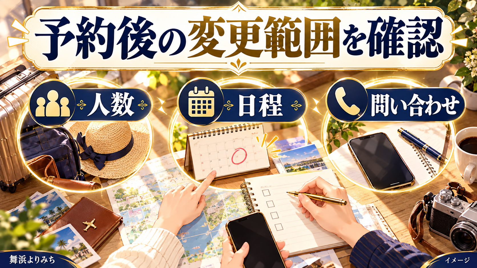 予約後の変更範囲を確認について、人数・日程・問い合わせを示す図解