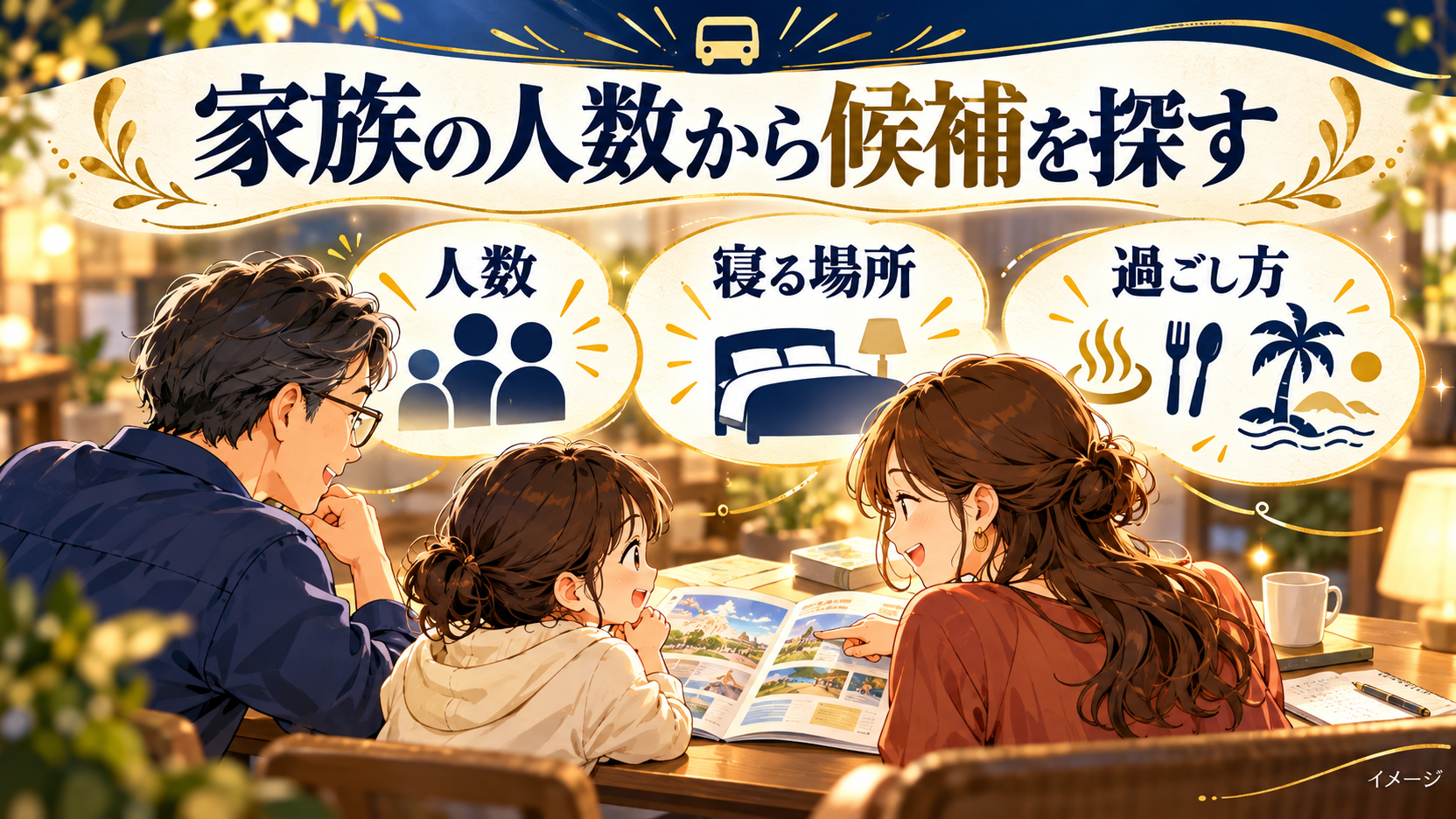家族の人数と寝る場所、過ごし方を相談する旅行者
