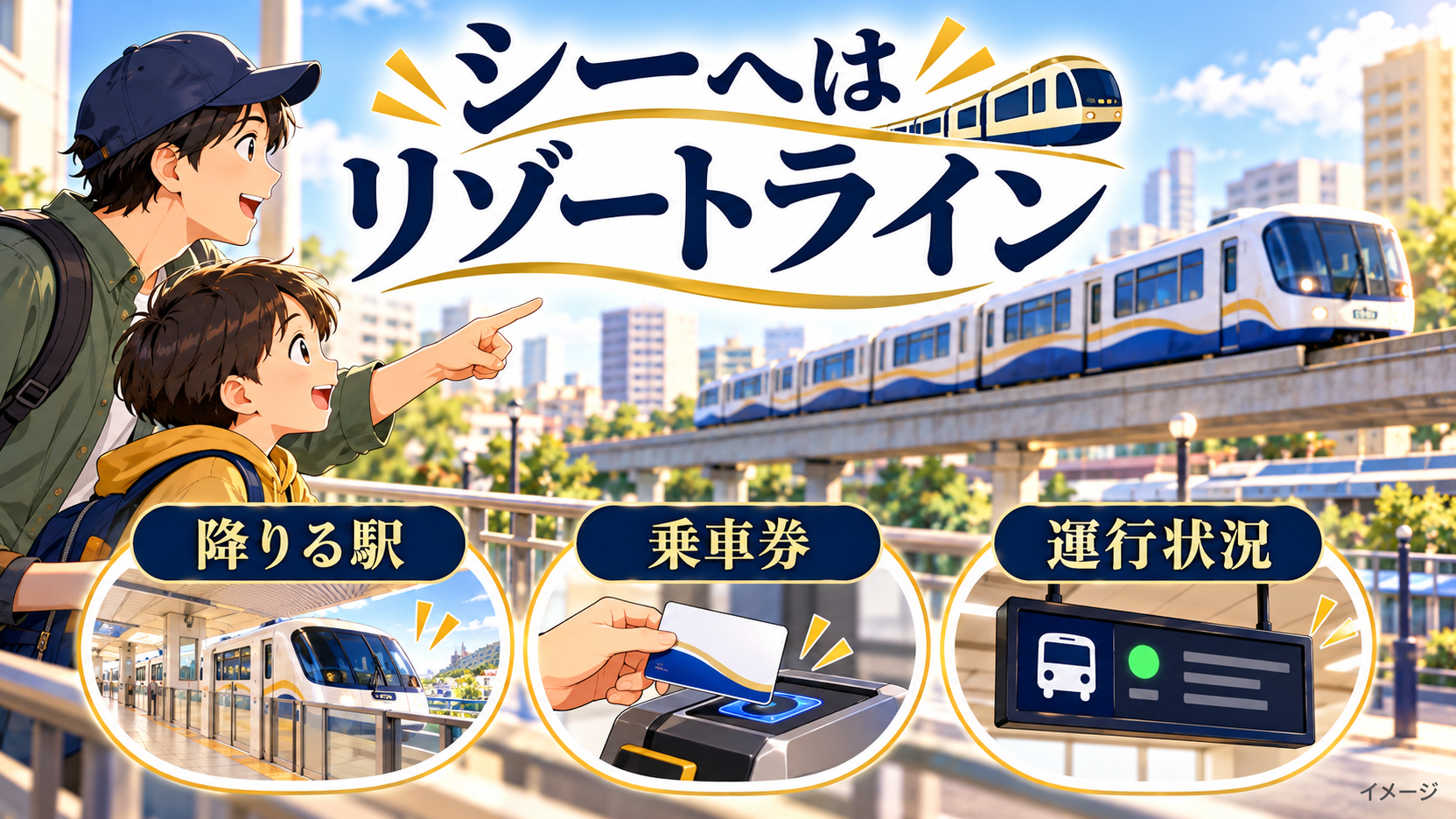降りる駅と乗車券、運行状況を確認する親子