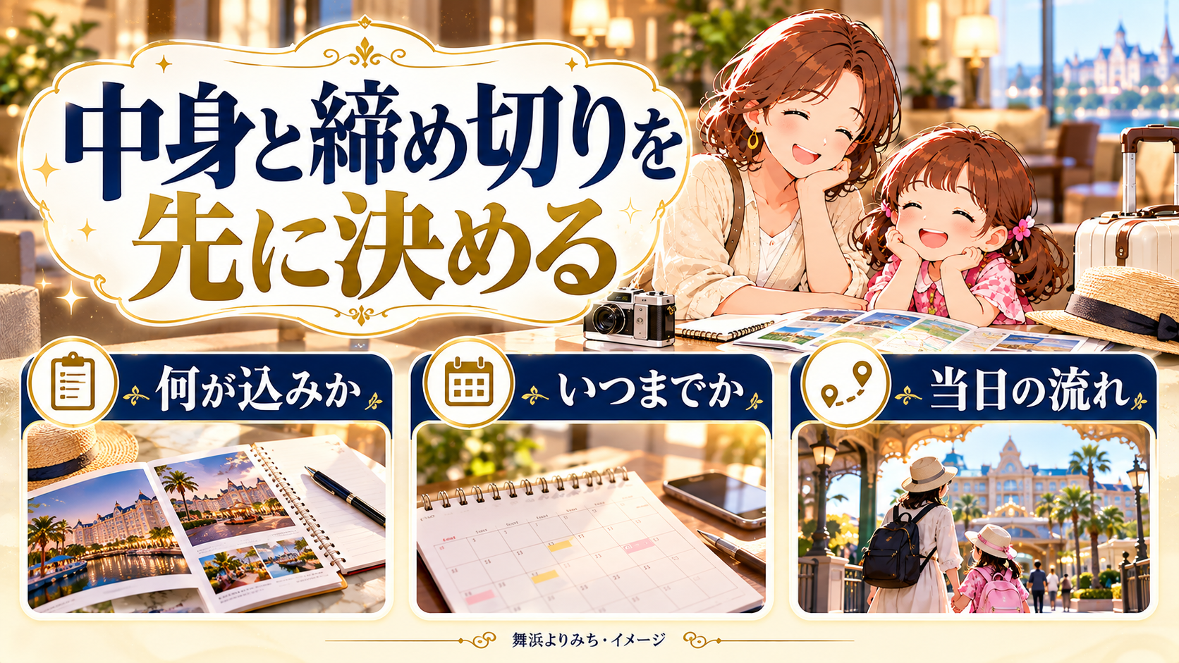 中身と締め切りを先に決めるについて、何が込みか・いつまでか・当日の流れを整理した図解