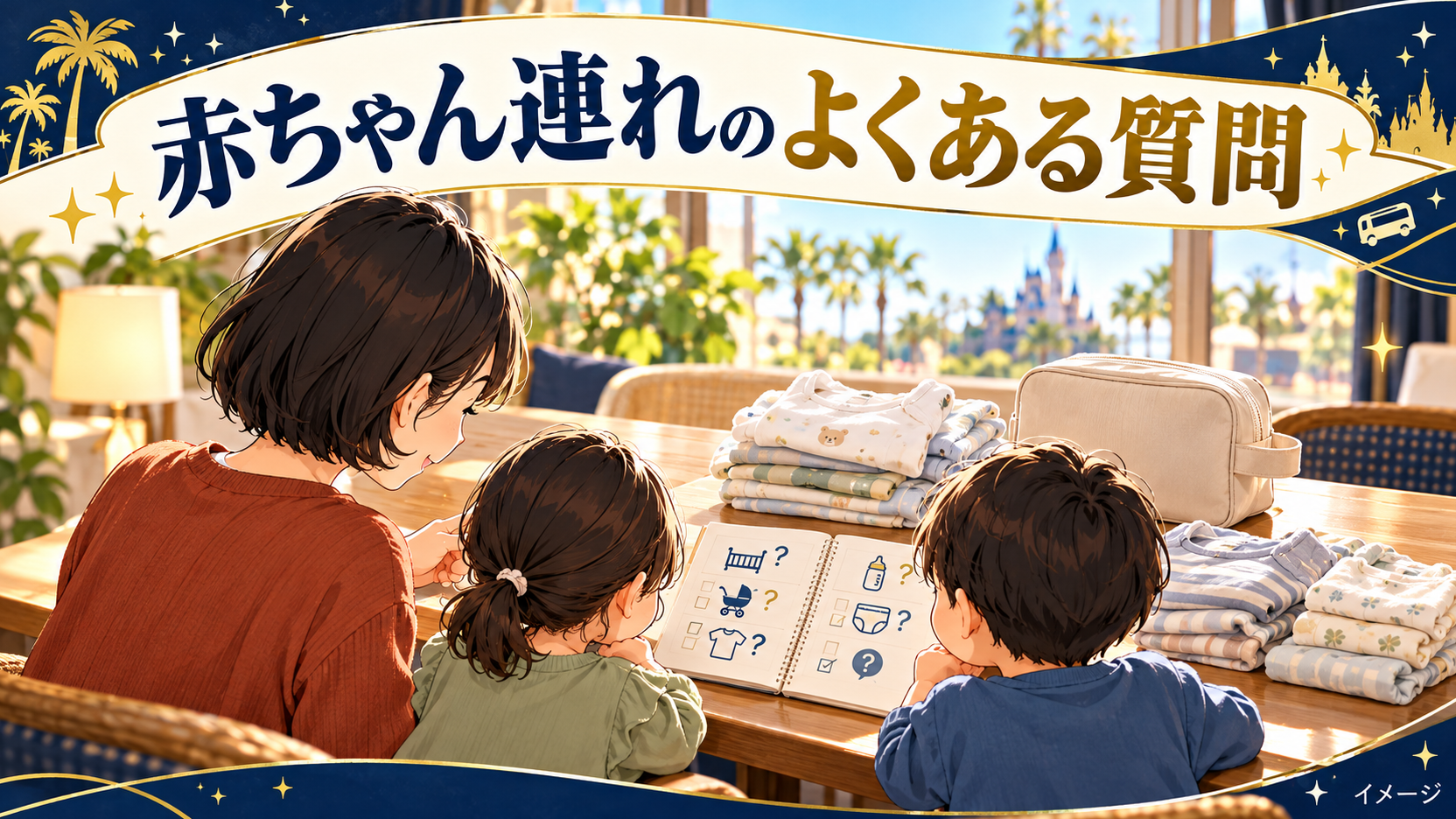 母親と子どもたちが赤ちゃんの衣類とおむつ用ポーチをそばに置いて旅行の準備をするイメージ