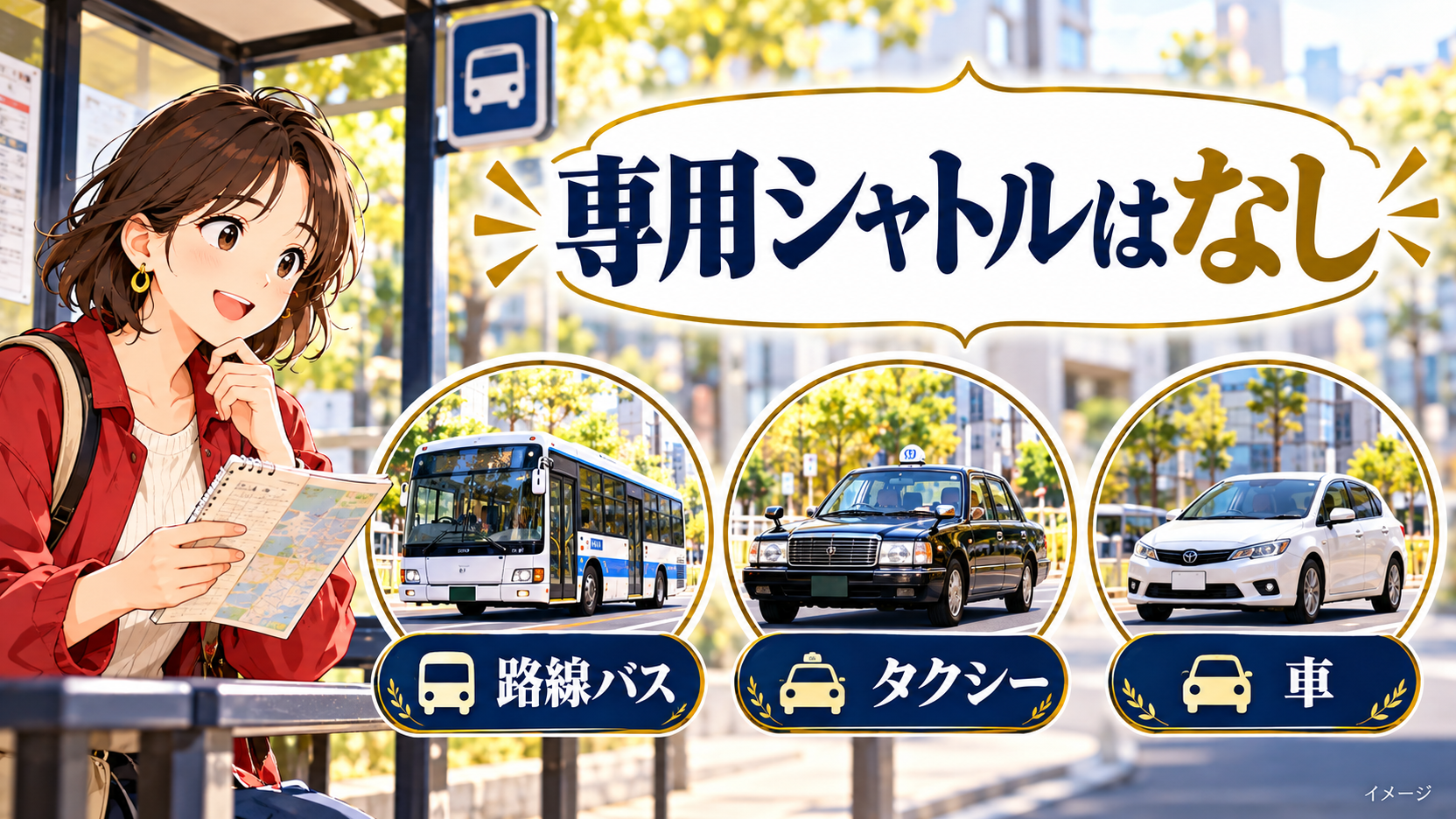路線バス、タクシー、車の移動手段を確認する女性