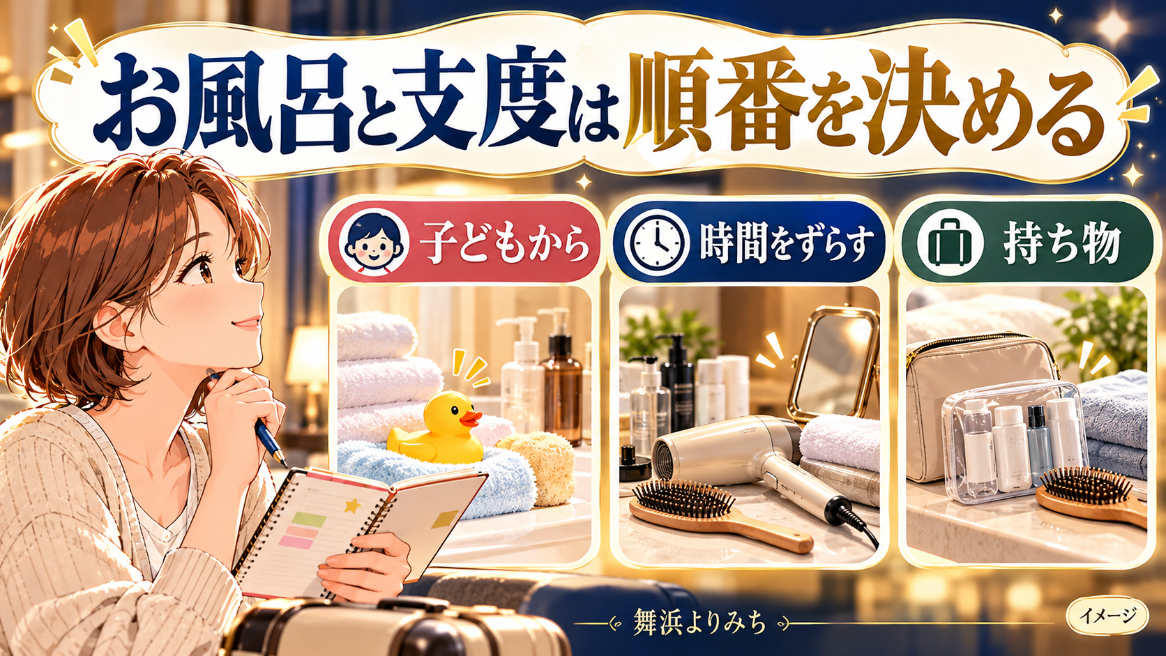 お風呂と支度は順番を決めるについて、子どもから・時間をずらす・持ち物を示す図解