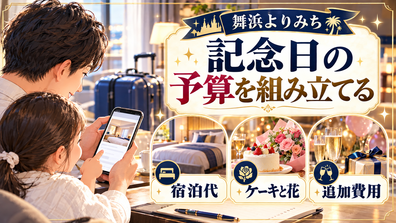 記念日の予算を組み立てるについて、宿泊代・ケーキと花・追加費用を整理した図解
