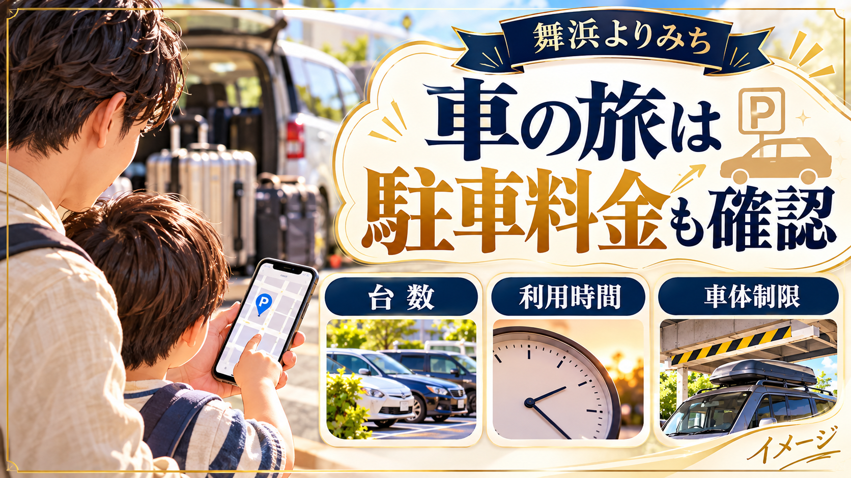 車の旅は駐車料金も確認について、台数・利用時間・車体制限を整理した図解