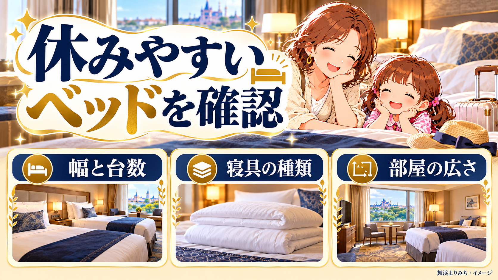 休みやすいベッドを確認について、幅と台数・寝具の種類・部屋の広さを整理した図解