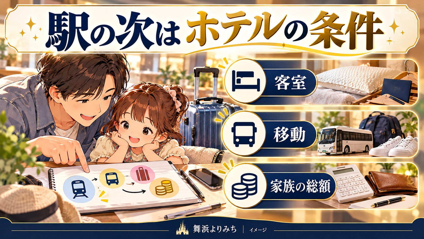 駅の次はホテルの条件について、客室・移動・家族の総額を示す図解