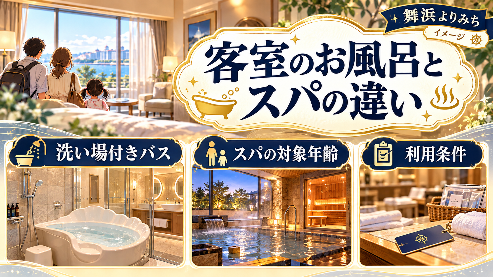 客室のお風呂とスパの違いについて、洗い場付きバス・スパの対象年齢・利用条件を整理した図解