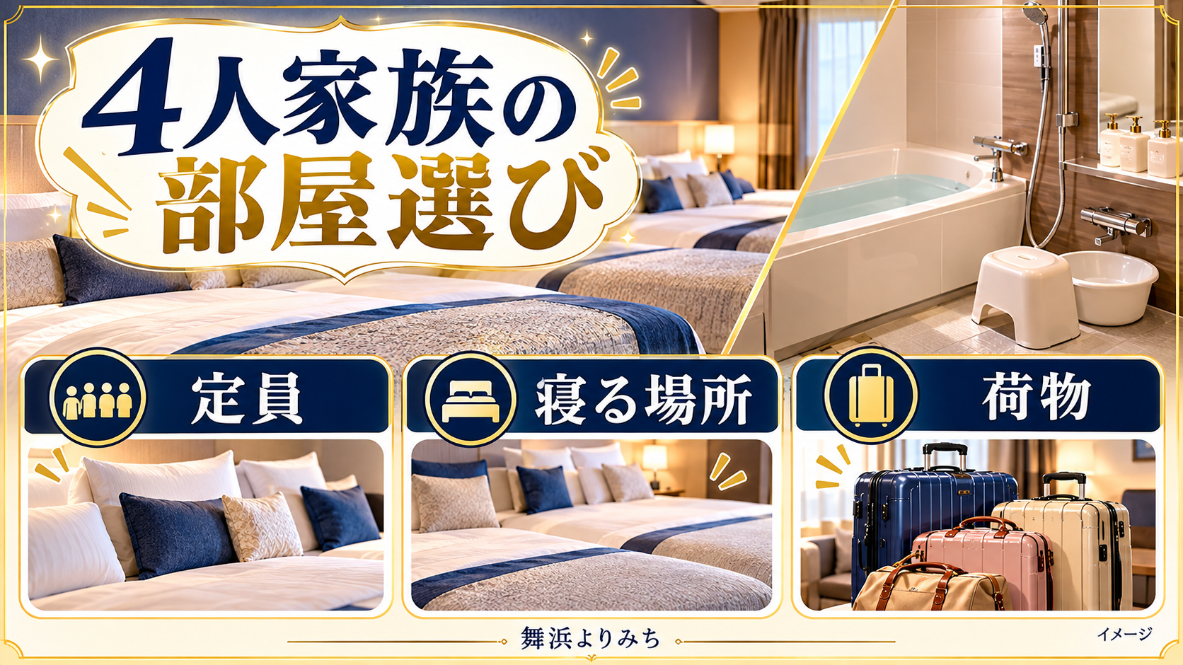 4人家族の部屋選びについて、定員・寝る場所・荷物を示す図解