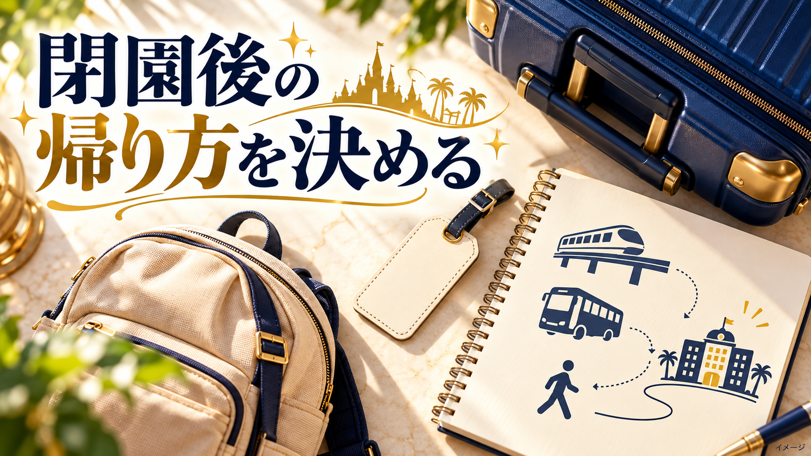 机の上に並べたスーツケースと荷物タグを使って利用前の確認点を示すイメージ