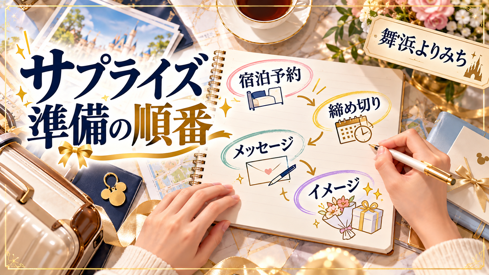 サプライズ準備の順番について、宿泊予約・締め切り・メッセージを整理した図解