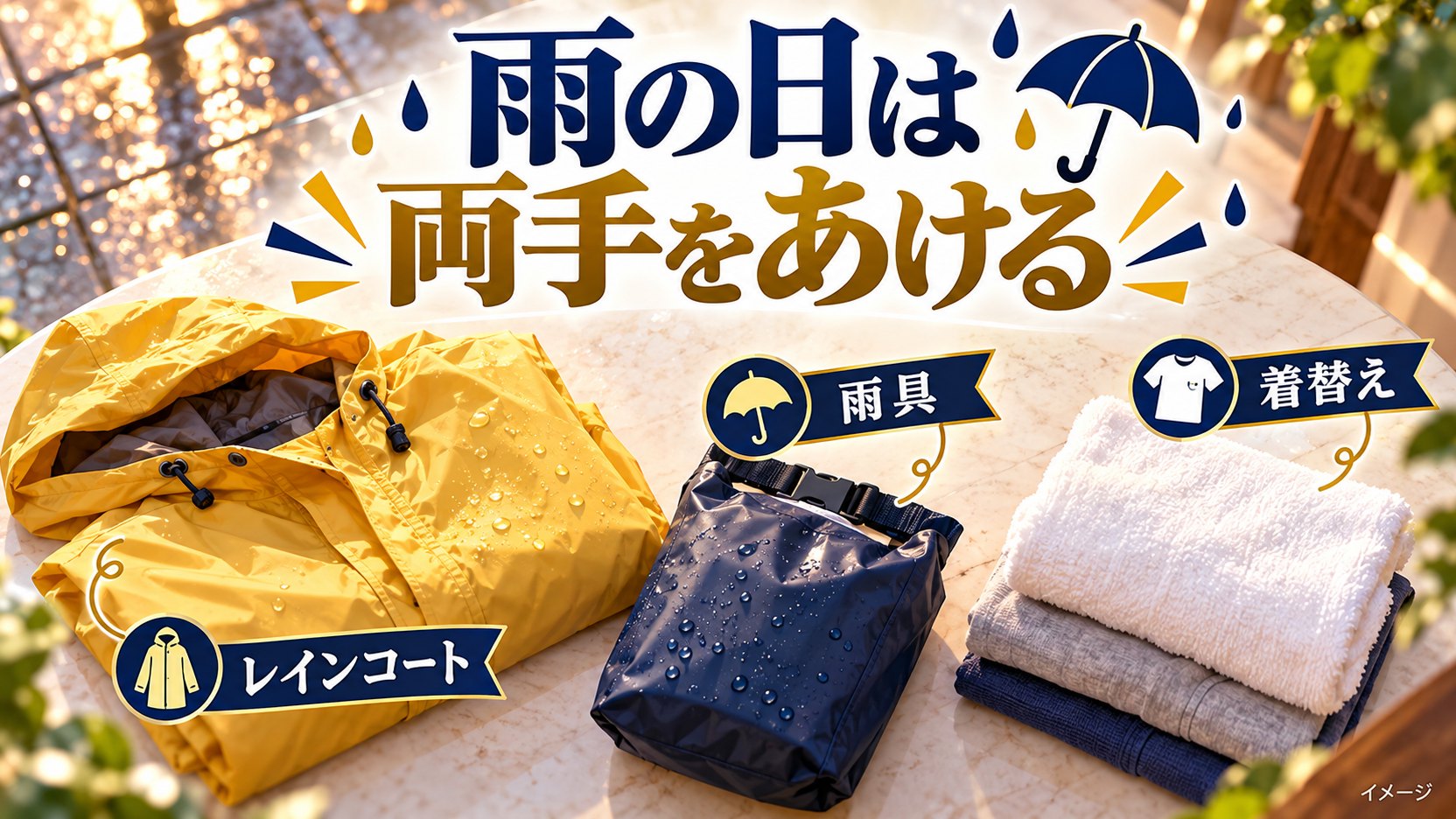 雨の日に備えたレインコート、防水バッグ、着替え
