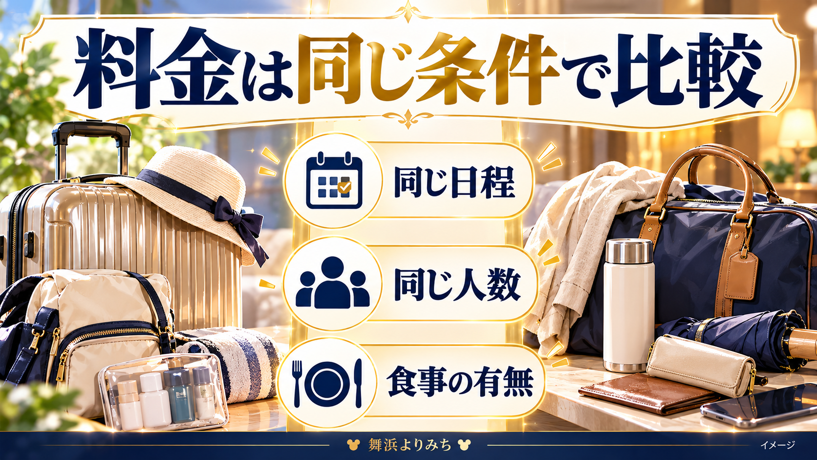 料金は同じ条件で比較について、同じ日程・同じ人数・食事の有無を示す図解