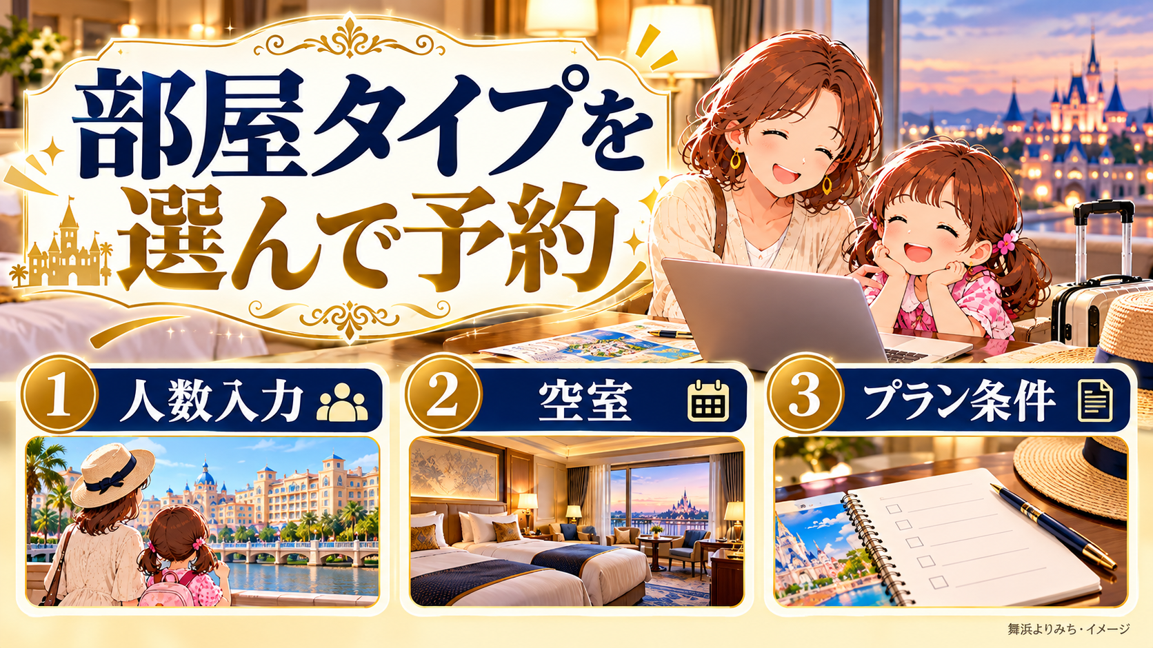 部屋タイプを選んで予約について、人数入力・空室・プラン条件を整理した図解