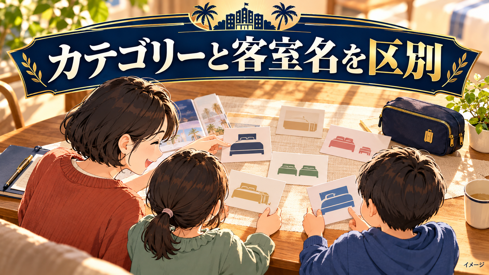 母親と子どもたちがベッドの記号と旅行用ポーチをそばに置いて旅行の準備をするイメージ