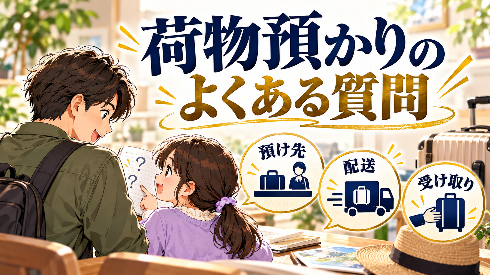 荷物の預け先と配送、受け取りについて質問を確認する親子