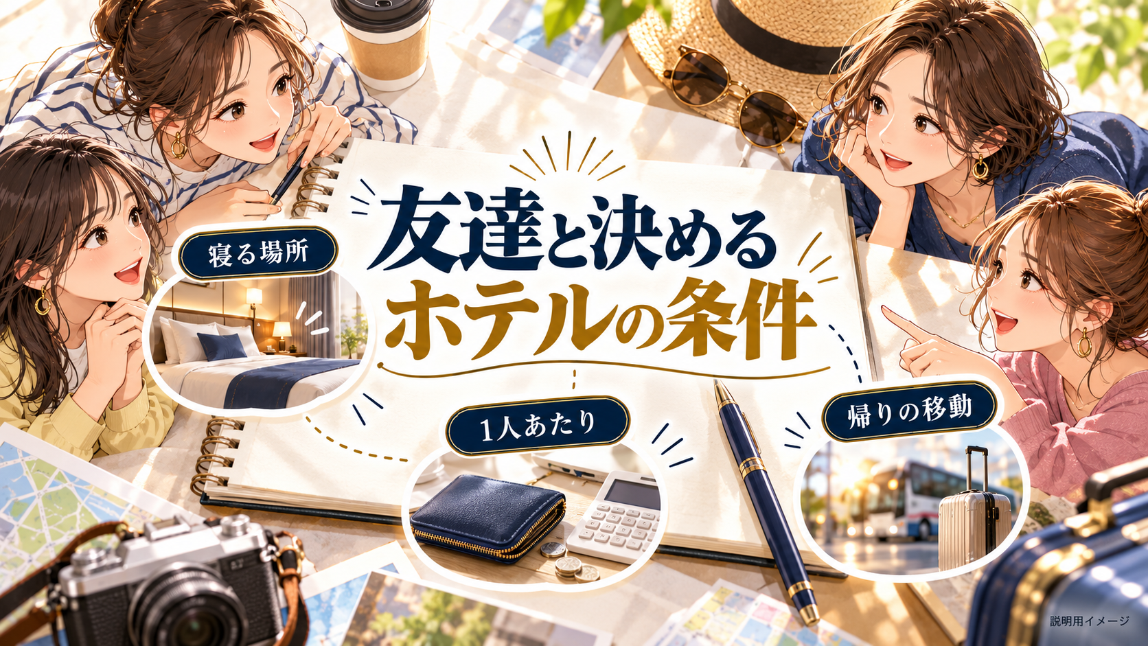 友達と決めるホテルの条件について、寝る場所・1人あたり・帰りの移動を旅行用品やイラストで整理した図